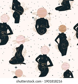 Seamless pattern with Pregnant Women, Baby, Space objects, planet, constellation. Editable vector illustration.