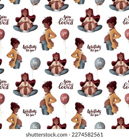 Seamless pattern with pregnant women, balloons, handwritten text. Motherhood, Parenthood, Pregnancy concept. Vector Illustration.
