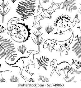 Seamless pattern with prehistoric animals and plants. Black and white vector illustration.
