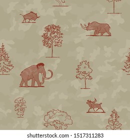 Seamless pattern. Prehistoric megafauna. Rock art. Vector illustration, flat design style.