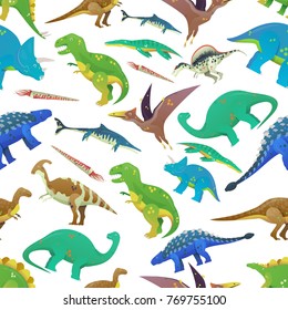 Seamless pattern with prehistoric ocean fish and jurassic dinosaurs or dino. Brachiosaurus and brachiosauridae, saichania and tyrannosaurus rex, t-rex and pterodactyl. Zoology and history theme