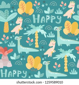 Seamless pattern. Prehistoric period. Cartoon Scandinavian vector illustration. For children's fabrics, wallpaper, textiles. Cute childish ornament with dinosaurs, plants, flowers on a blue background