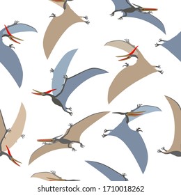 seamless pattern of a prehistoric reptile of the Jurassic period, flying grey pterodactyl with wings and a crest, color vector illustration isolated on white background in cartoon and hand drawn style
