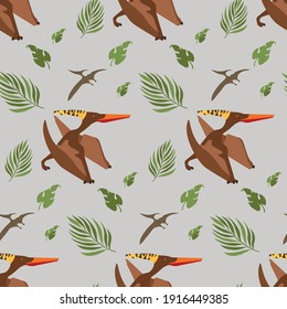 Seamless pattern. Prehistorical background. Pterodactylus image. Flat illustartion.