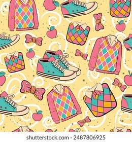 Seamless pattern with preppy elements, shoes, shirts, apples and girly ribbons with tartan motifs. Back to school repeat pattern