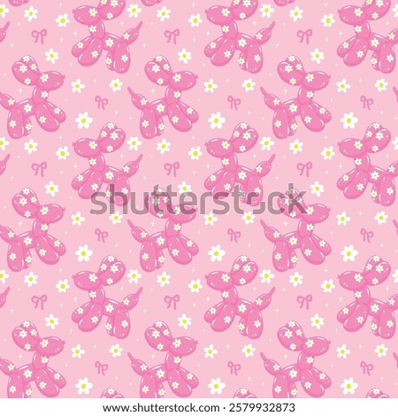 Seamless Pattern Preppy Pink Balloon Dog Diasy in Vibrant Pastel isolated on background