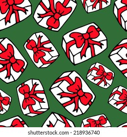 Seamless pattern of present box with bow, paper, textile, fabric, wrapper, wallpaper, vector illustration