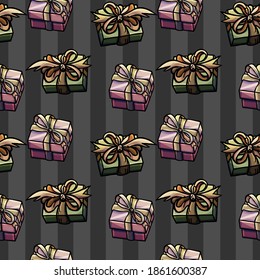 Seamless pattern of present boxes, striped background, grey lines, vertical stripes, boxes, ribbon, bow, congratulation, greeting, party, wrapping, wallpaper, gift paper, print, shopping, presents