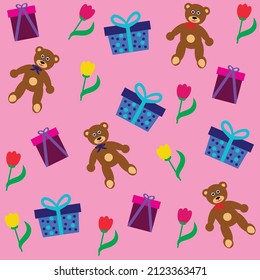 A seamless pattern with present boxes, teddy bears and flowers on pink background
