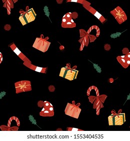 Seamless pattern with presents ,gift,and christmas elements vector ,Design for fashion,fabric,web,wallpaper,wrapping and all prints on black background color.