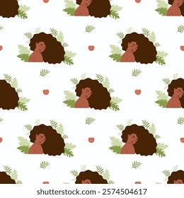 Seamless pattern with pretty African American woman with long hair and tropical leaves on white background. Vector illustration. Black History Month. Holiday in February in USA, Canada October in UK