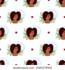 Seamless pattern with pretty African American woman with leaves on white background. Vector illustration in flat style. Holiday Black History Month, female character, beauty and mental health