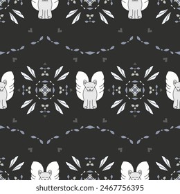 Seamless pattern. Pretty angel cat with closed eyes. Background Dark Gray.