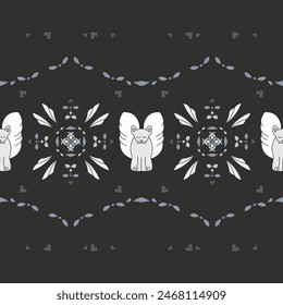 Seamless pattern. Pretty angel cat with closed eyes. Background Dark Gray.