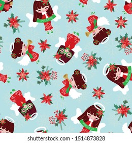 Seamless pattern of pretty angels flying on christmas floral i.e. poinsettia, pine breach, leaves and mistletoe bouquet on blue sky with snowflakes. Cute background for winter/ christmas holiday. 