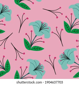 Seamless pattern of pretty blue flowers with nice cute leaves. suitable for background, fashion, decoration, etc.