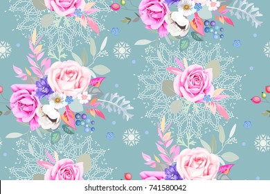 Seamless pattern with pretty bouquets and openwork element 
