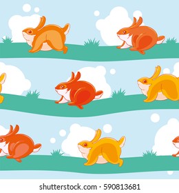 Seamless pattern with pretty cartoon hand-drawn bunnies playing catch-up on the striped lawn.