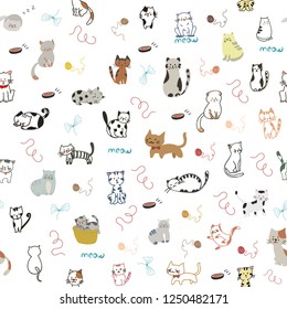 Seamless pattern with pretty cats. Pets Vector Illustration.