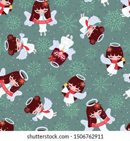 Seamless pattern of pretty Christmas angels. Cute background for winter holiday. Vector Illustration.