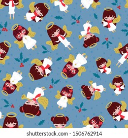 Seamless pattern of pretty Christmas angels with holly berry. Cute background for winter holiday. Vector Illustration.