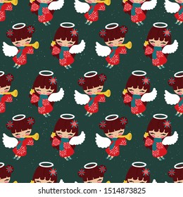 Seamless pattern of pretty Christmas angels with stars and horn, flying on green starry sky. Cute background for winter holiday. Vector Illustration.