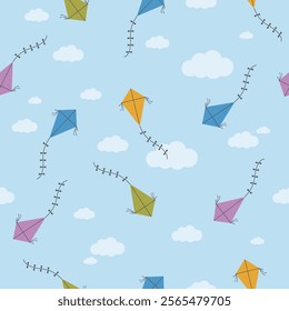 Seamless pattern with pretty cute colorful kites and clouds in the sky. Background with happy kites of various colors fly in the blue sky. Vector illustration