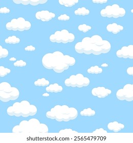 Seamless pattern with pretty cute fluffy clouds in the sky. Beautiful day background with happy white clouds fly in the blue sky. Vector illustration