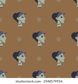 Patrón sin foco con bonitas caras femeninas. De estilo minoico cretense.