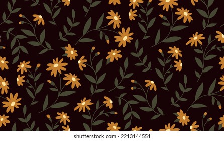 Seamless pattern, pretty floral print with wild plants. Cute botanical design with folk motifs, abstract arrangement with chamomile flowers, twigs, leaves on a brown background. Vector illustration.