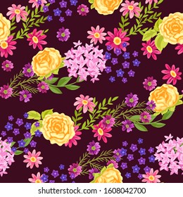 Seamless pattern with pretty flowers. Beautiful decorative natural plants, buds and leaves.