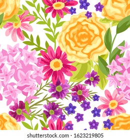 Seamless pattern with pretty flowers. Beautiful decorative natural plants, buds and leaves.