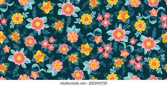 Seamless pattern with pretty flowers. Beautiful decorative natural buds and leaves.