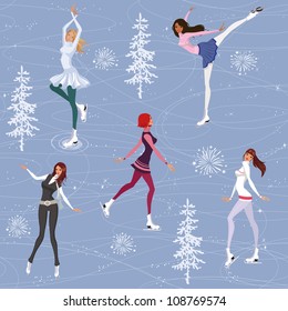 Seamless pattern with pretty girls skating on ice