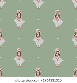 Seamless pattern with pretty little girls in vintage dress and heart symbols. Victorian or Edwardian England. Penelope Boothby style.