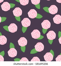 Seamless pattern of pretty pink roses on a dark background with a repeat motif in square format suitable for wallpaper, tiles and fabric