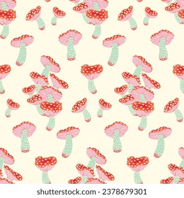 Seamless pattern, pretty print with fly agaric mushrooms. Cool surface design with retro hippie motif: bright colorful mushrooms, hand drawn amanita on a white background. Vector illustration.