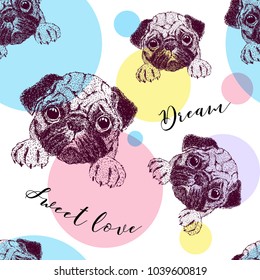 Seamless pattern with pretty pug puppy.