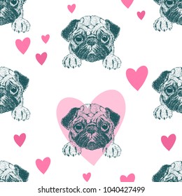 Seamless pattern with pretty pug puppy and hearts. Textile, package design.