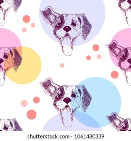 Seamless pattern with pretty puppy and colorful circles. Textile, package design.