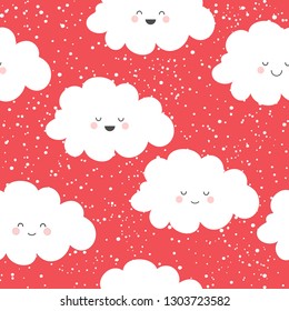 Seamless pattern with pretty smiling clouds on a pink background with snow. Vector illustration.