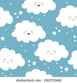 Seamless pattern with pretty smiling clouds on a blue background with stars. Vector illustration.