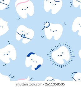 Seamless pattern with pretty teeth different emotions. Background with cute white teeth on blue background. Baby tooth. Cover for dentistry, wallpaper, wrapping paper, textile design, surfaces.