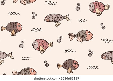 Seamless pattern, pretty textile print with hand drawn small fishes. Surface design in natural beige colors. Funny tile pattern with small cartoon fishes in doodle motif. Vector illustration.