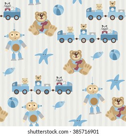 Seamless pattern. Pretty toys, kids animals. The pig, bear, cat sitting in a train. Teddy keep number one. Aliens with cute facial expression. Fish and starfish. Ball. Objects on a striped background.