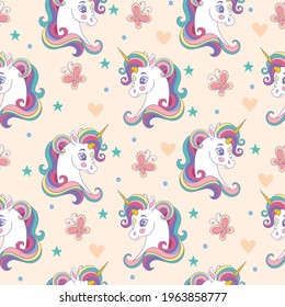 Seamless pattern with pretty unicorns heads and butterflies on beige background. Vector illustration for party, print, baby shower, wallpaper, design, decor, linen, dishes, bed linen and kids apparel