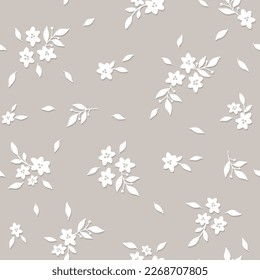 Seamless pattern with pretty white flowers on a beige background. Ditsy print. Design for fashion prints, textile, background, wallpaper, wrapping, fabric and more