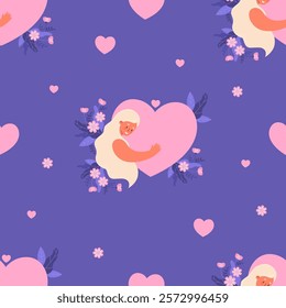 Seamless pattern with pretty woman blonde with long hair with big pink heart valentine and flowers on dark blue background. Vector illustration. Happy Female character, Women's Day, Valentine Day 