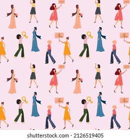 Patrón sin foco con bellas mujeres jóvenes de diferentes nacionalidades. Ilustración conceptual multicultural. Para fondos, textiles, papel de envoltura, tarjetas.