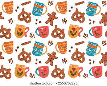 Seamless pattern with pretzel and cups of different shapes. Traditional German pastries for Oktoberfest. Gingerbread man among various cups with spices for home baking. Suitable for textiles, wrapping